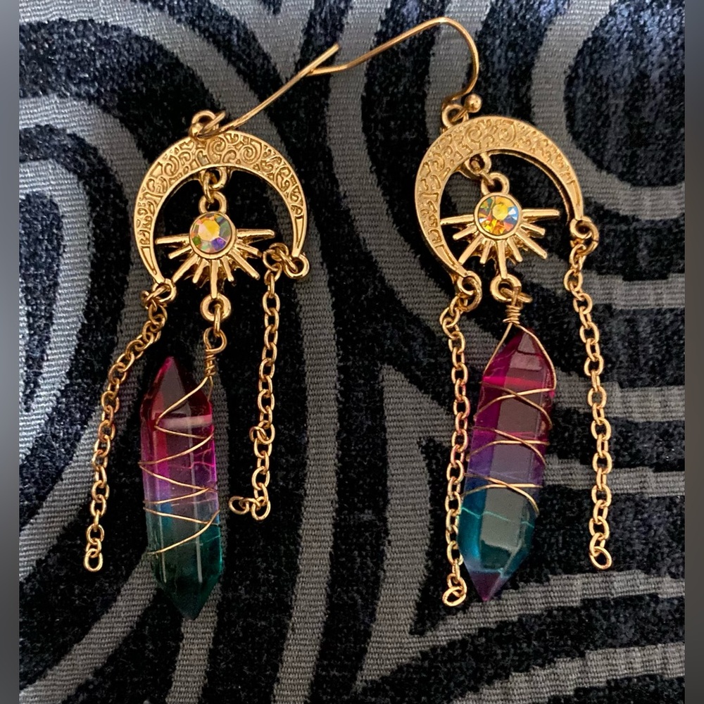 Moon and star with wire wrapped crystal earrings